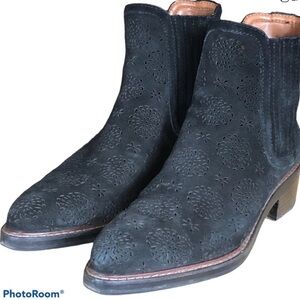 Coach Bowery Chelsea Boots - Black Suede-Laser Cut Floral- Size 8.5- EUC